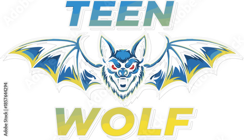  Aggressive teen wolf illustration with bat wings, bold vector design for sports mascot, streetwear, gaming logo, sticker and print-on-demand artwork