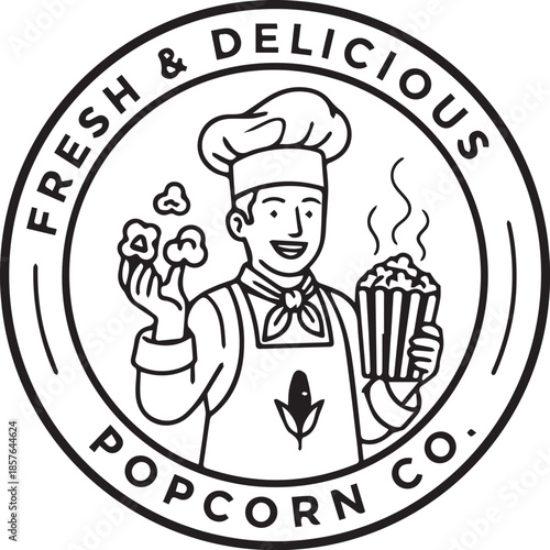 Black and white vector logo for popcorn company with smiling chef, corn emblem, and steaming popcorn