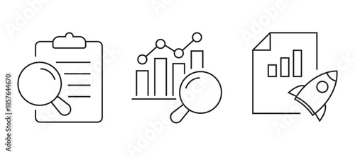 Minimal line analytics icon set with charts, graphs, gears, and data analysis symbols, representing business intelligence, performance tracking, and reporting. analytic icons.