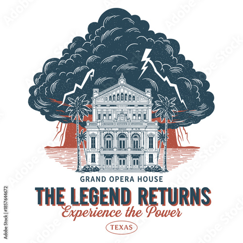 Grand opera house in Texas under dramatic storm clouds and lightning