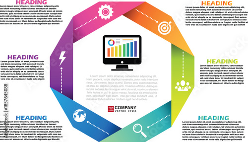 6 Step Octagonal Business Cycle Infographic. Colorful Polygon Process Flow with Computer Monitor and Strategy Icons. Professional Vector Illustration for Technology and Analysis