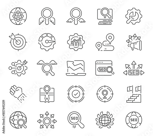 Seo tools icons set. editable line icons, flat style, digital marketing symbols