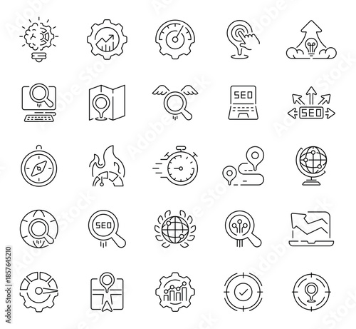 Seo and marketing icons set. editable line icons, analytics and strategy symbols