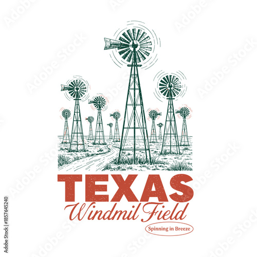 Texas windmill field with multiple turbines spinning in the breeze