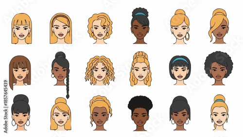Diverse group of women faces with different hairstyles and ethnicities.