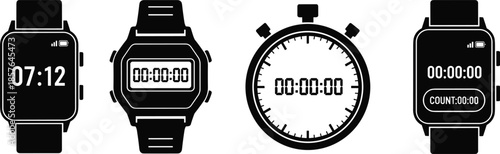  Digital smartwatch and stopwatch icon set, modern timer device illustrations with countdown display, minimal black silhouette vector for sports and time tracking designs