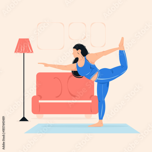 A flat vector illustration of a woman in a blue outfit performing the King Dancer yoga pose in a cozy living room with a pink couch and a floor lamp.