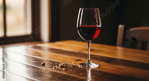 A wine glass filled with red liquid sits on a wooden table, next to a window. Crumbs are present