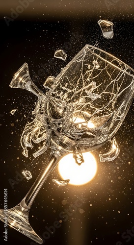 A wine glass shatters mid-air, its fragmented pieces illuminated by a central, glowing orb against a dark background