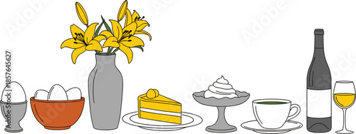  Elegant breakfast and dessert illustration with flowers, eggs, cake, whipped cream, tea and wine elements, perfect for café menu, culinary design and branding