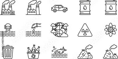  Environmental pollution icons set with factory smoke, toxic waste, oil barrels, water contamination and recycling elements for ecology awareness design, vector illustration