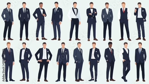 Collection of Diverse Men in Formal Suits and Tuxedos Posing.