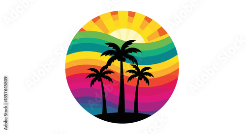 Three Palm Trees Silhouetted Against a Vibrant Rainbow Striped Circular Sunset, Tropical Vibes