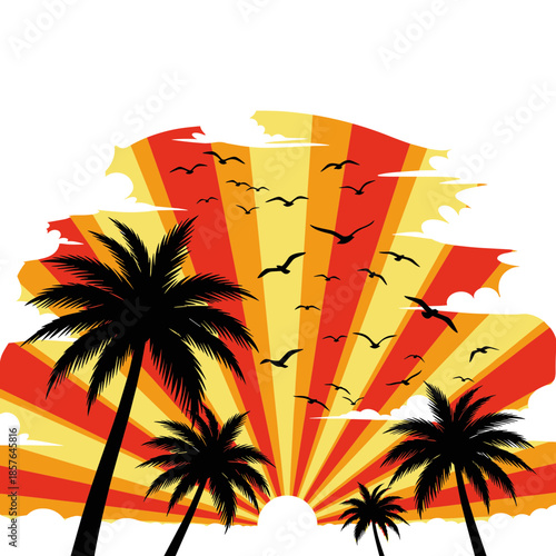 Tropical Sunset with Palm Trees and Flying Birds Against Radiant Sunburst, Summer Vacation Theme