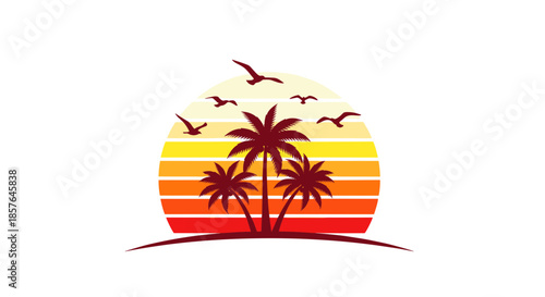 Retro Striped Sunset Circle with Silhouetted Palm Trees and Flying Birds, Tropical Holiday Design
