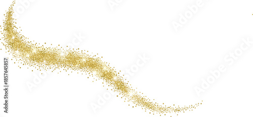  Golden glitter swirl trail with sparkling lights, festive decoration element for invitations, celebrations, magical backgrounds, elegant shimmering vector dust design