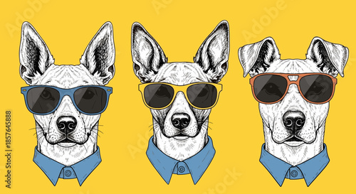 Three Stylish Dog Portraits in Sunglasses and Shirts on a Yellow Background, Trendy Pet Fashion
