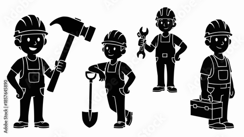 Cartoon construction workers with tools and hard hats.