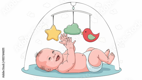 Happy baby lying down playing with a mobile toy.