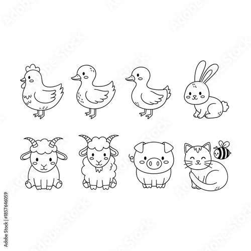 Cute Farm and Domestic Animals Line Art Set with Chicken, Duck, Rabbit, Goat, Pig, Sheep, Cat, Bee