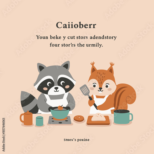 Cute cartoon raccoon and squirrel wearing aprons, cooking together in a kitchen scene with text.