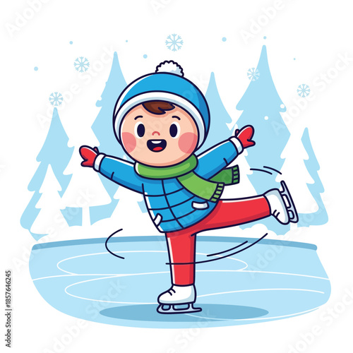 This cute vector illustration shows a cheerful boy ice skating happily in blue winter clothes against a snowy forest scene.