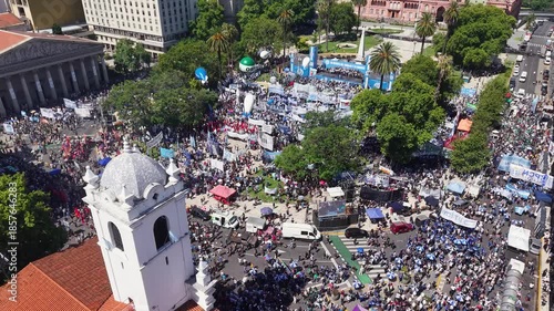 Buenos Aires, Argentina, December 22, 2025: Aerial view of a demonstration in Plaza de Mayo. (Protest)