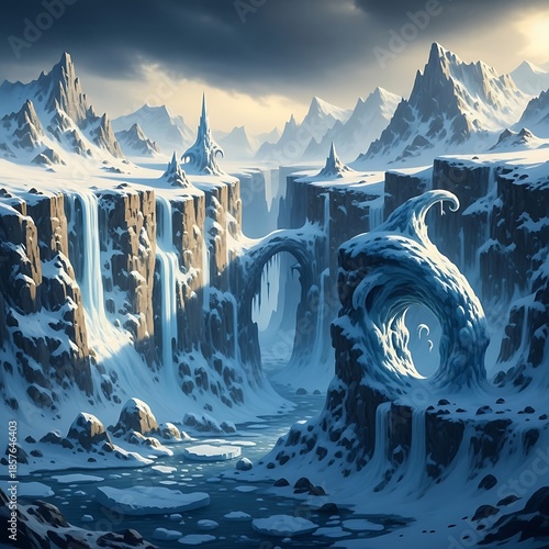 A wintry, fantastical landscape with snow-covered mountains, a frozen waterfall, and icy formations in a canyon