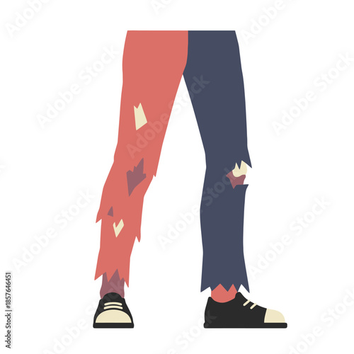 Two legs wearing different styles of torn and ragged pants with shoes, depicting a contrast in clothing and appearance.