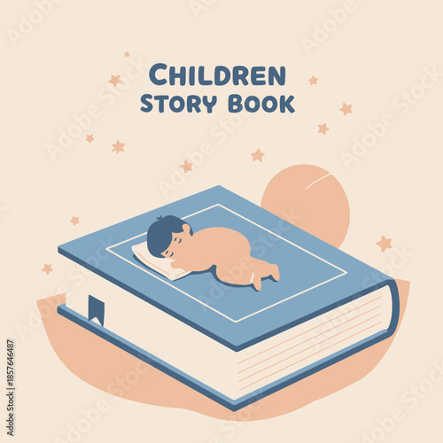 A cute baby sleeping peacefully on a large blue children's story book with stars in the background, illustrating bedtime stories.