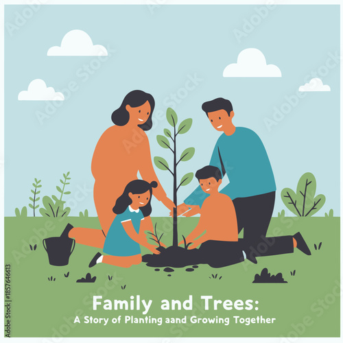 A family, including parents and two children, happily planting a small tree together in a green outdoor setting under a blue sky with clouds, symbolizing growth and environmental care.