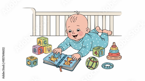 Happy baby boy reading a book surrounded by toys.