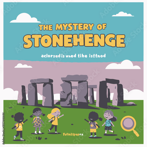 An illustration of diverse children exploring the ancient Stonehenge monument under a blue sky, with a magnifying glass nearby, titled 'The Mystery of Stonehenge'.
