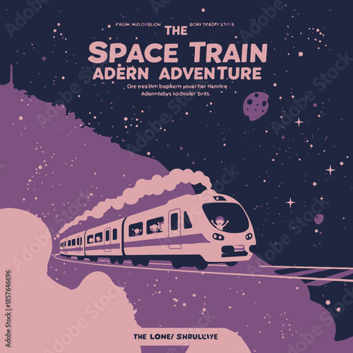 A modern white train with smoke travels through a starry purple and pink cosmic landscape, featuring planets and a distant city silhouette, under the title "THE SPACE TRAIN A MODERN ADVENTURE".