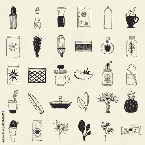 A collection of hand-drawn doodle illustrations featuring various plants, food items, bottles, and everyday objects in a simple, artistic style.