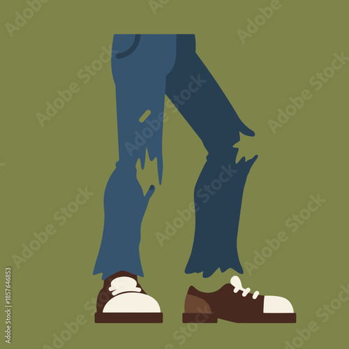 A pair of legs wearing distressed blue jeans with rips and two different brown shoes on a green background.