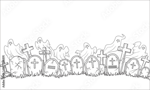 Graveyard with crosses and tombstones cemetery scene Halloween background.