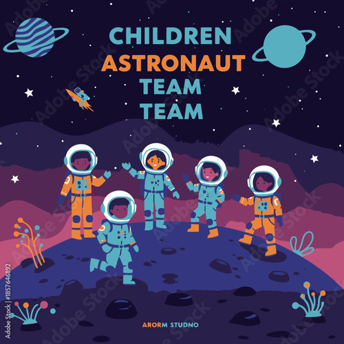 Five diverse children in astronaut suits exploring a colorful alien planet with stars, rockets, and other celestial bodies in the dark cosmic background.