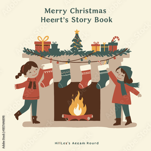 Two happy children decorating a fireplace with Christmas stockings, garland, and gifts, with a small Christmas tree on the mantelpiece, for a festive storybook cover.