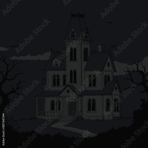 A dark and eerie gothic Victorian mansion at night with bare trees and a winding path, evoking a haunted atmosphere.