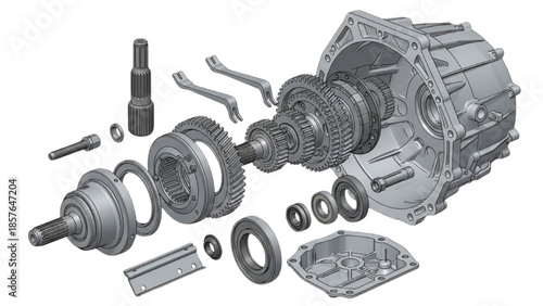 Exploded View of Mechanical Transmission System Components with Gears and Bearings in Isolated Technical Illustration