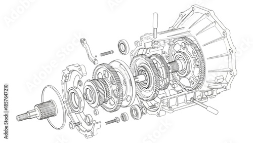 Exploded View of Mechanical Gearbox Components in Technical Illustration for Engineering Design and Analysis