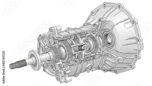 Detailed technical illustration of automotive transmission system showcasing internal gears and mechanical components in a clean white environment