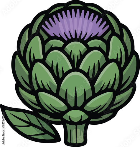 Vibrant Green Artichoke Vector Graphic Illustration with Purple Center, Perfect for Culinary and Botanical Designs