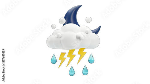 3D Weather Icon: Cloudy Night with Rain and Lightning