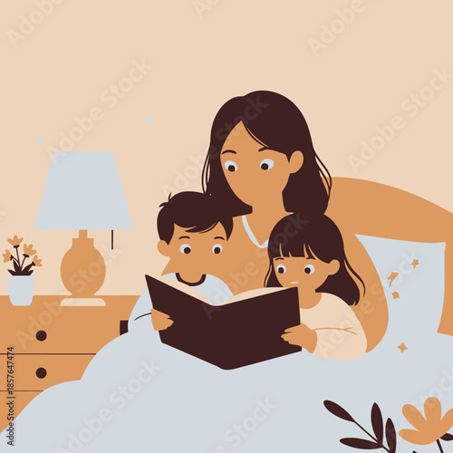 An illustration of a mother reading a bedtime story to her young son and daughter tucked in bed with a lamp on the nightstand.
