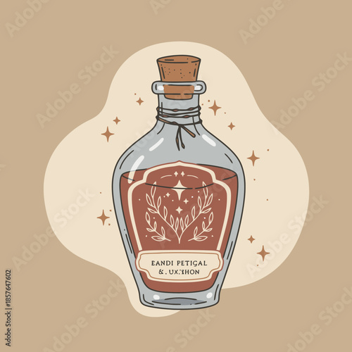 An illustration of a magical potion bottle with a cork and a decorative label, surrounded by sparkles.