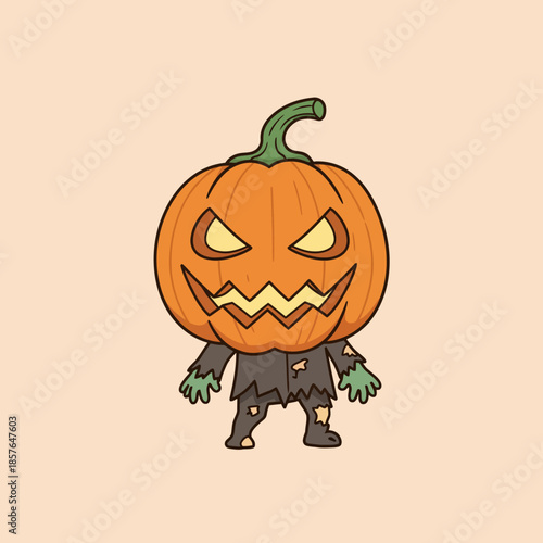 Cute cartoon illustration of a spooky jack-o'-lantern character with a zombie body, perfect for Halloween.