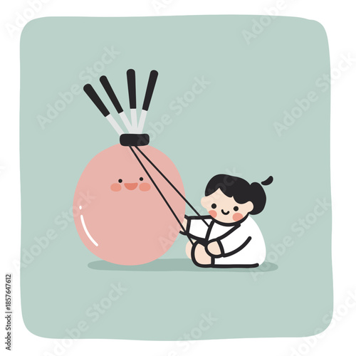 A cute cartoon girl in a gi using a slingshot to launch sticks from a happy pink round creature.