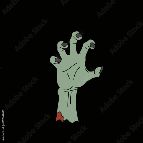 Creepy green zombie hand with black nails and a bloody, torn wrist reaching up from the darkness, a classic horror and Halloween motif.